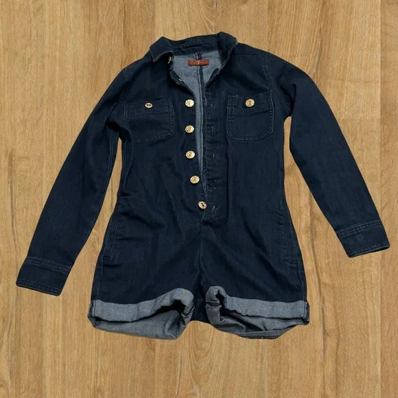 7 For All Mankind Dark Denim Romper with Gold Buttons - Picture 2 of 10